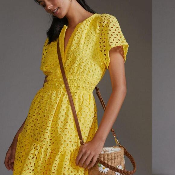 Anthropologie The Somerset Yellow Eyelet Mini Dress Small PETITE - Picture 2 of 10